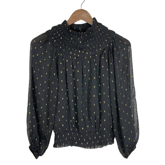 Ann Taylor | Black Chiffon Metallic Clip Smocked Ruffle Neck Top Career Blouse - Picture 6 of 13